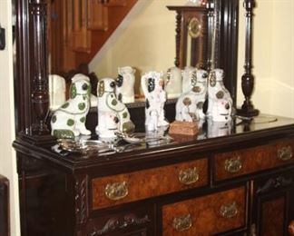 Yet another sideboard/bar with drawers, shelves and mirror. Selection of Staffordshire cats and dogs