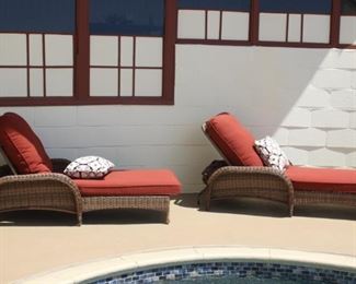 Two hampton bay sun lounger/chaises with cushions and covers.