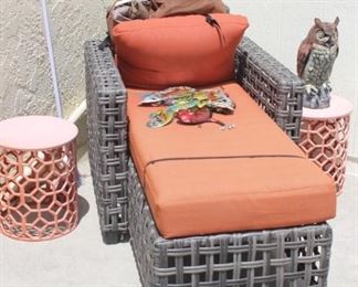Hampton Bay resin chaise and metal end tables.