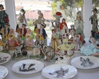 Country animal plates, victorian porcelain figures.