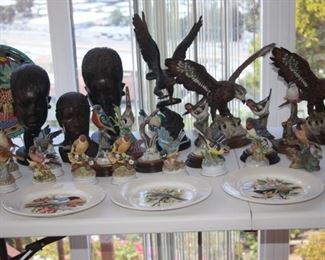 Bird statues, figures and plates