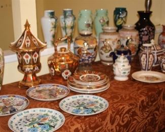 Derbyshire bone china, Asian themed pieces. Vases, urns, plates and teapots.