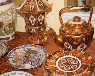 Derbyshire bone china, Asian themed pieces. Vases, urns, plates and teapots.