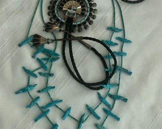 Navajo turquoise fetish necklace and vintage Zuni bolo with inlaid tips