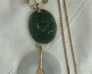 14k yellow gold earrings. 14k/jade pendants