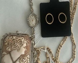14k white goldl/diamond watch; large 14k white gold/diamond cameo; 14k yellow gold chain and earrings