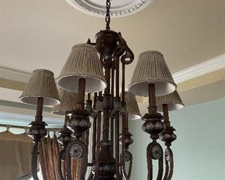 $1,800 Chandelier - Large scale, carved wood, scrolling 5-arm chandelier with shades, in bronze and antique silver leaf finish