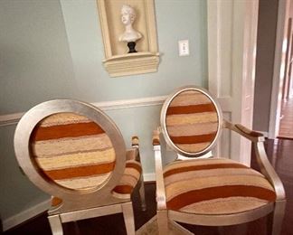 $450 each - striped chairs in antique silver leaf finish frame, Made in Italy