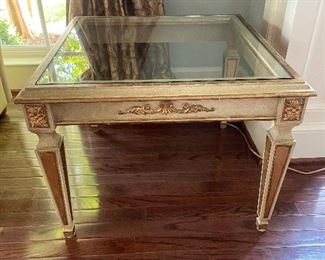$600 for pair of  Wood and Glass end tables, French Style With Gold Leaf Accents, finest quality and craftsmanship, heirloom quality 26” l x 26” w 