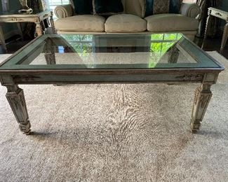 $500  Wood and Glass coffee table, French Style With Gold Leaf Accents, finest quality and craftsmanship, heirloom quality - 46” l x 29” w 