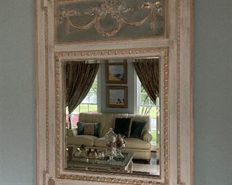 $500 - Distressed French Provincial Carved Wood Framed Wall Mirror in cream and light blue, slightly damaged in lower right corner - 40” x 53”