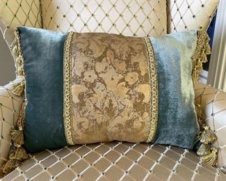 $150 Custom made velvet rectangular pillow in teal with gold fabric in middle and gold tasseled trimming