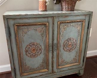 $200 Distressed Blue and Gold 2 Door Accent Cabinet 30” l x 12” w x 29” h 