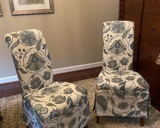 $500 Pair of  custom upholstered slipper chairs in blue, beige and cream modern floral print