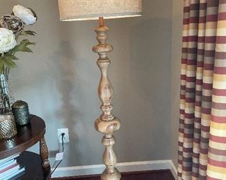 $300 Traditional style, light blonde wood floor lamp with oatmeal colored lampshade 64” h