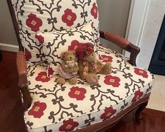 $350 Custom, upholstered wood arm chair with red and brown floral print, cognac weave leather trim 33” l x 30” w x 40” h