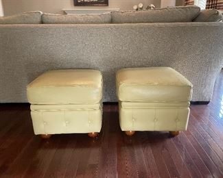 $500 Pair of Butter Yellow Genuine Leather Square Pouf Ottoman with Round Wood Feet  20” l x 20” w x 17” h
