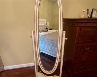 $500 Tilt, oval, wood cheval floor mirror in cream white 18” w x 67” h 
