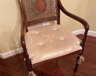 SOLD - $350 Wood and cane accent chair with removable tasseled cushion 20” l x 36” h