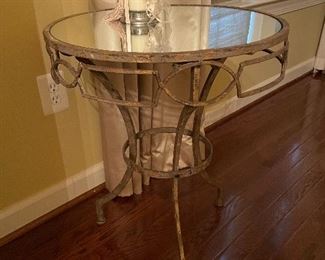 $150 Distressed gold accent table with mirrored top 20” l x 26” h 