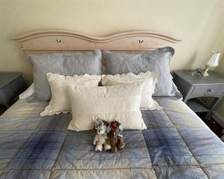 $125 Set of 5 Pillows: 2 white cotton matelassé Standard Size pillow shams with pillows; 2 blue cotton matelassé Deco pillow shams with pillows and 1 white throw pillow