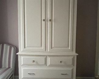 $200 White wardrobe armoire with shelves, doors and 4 drawers 40” l x 20” w x 77” h 