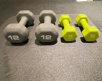 $50 - (2) 12 lb and (2) 5 lb neoprene weights/dumbells provide a comfortable, non-slip grip that also prevents damage to floors - sold as a set