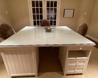 $1,500 - 6-piece modular desk / craft table with protective glass top - from Pottery Barn 64” x 64”