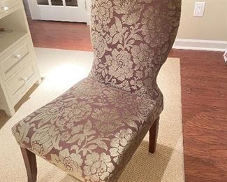 $250 - Set of 4 Brown and Light Green Damask Upholstered Slipper Chairs 