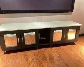 $750 - Contemporary Black Media Console with Mirrored Doors and Marble Top - One of a Kind - 84”L x 22”W x 25”H 