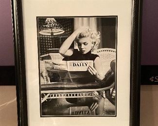 $150 - Framed Art of Marilyn Monroe Reading Motion Picture Daily, New York, c.1955 - 29” x 21”
