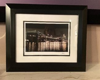 $100 - Black Framed NYC Skyline and Brooklyn Bridge Wall Art - 15” x 18”
