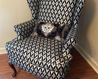 $350 - Custom Made Black and Silver Upholstered Wing Chair with Decorative Pillow