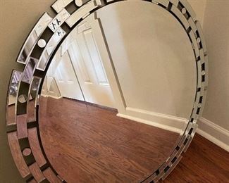SOLD - $150 - Geometric Round Glass Mirror with Cutout Border, Modern and Contemporary — 36.5” diameter
