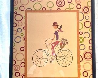 $50 - Wall Art - Framed Whimsical Art Print of Girl on Bike - 17” x 21”