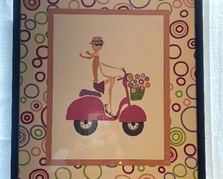 $50 - Wall Art - Framed Whimsical Art Print of Girl on Scooter - 17” x 21”