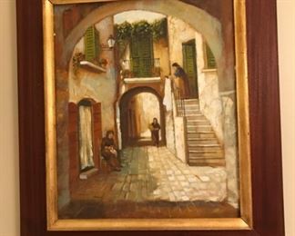 $350 - Oil Painting from local Italian Artist: “Vicolo Pugliese” - “Little Street in Italy” - This beautiful oil painting is a depiction of an actual street in Italy, as created by famous local artist Mariella Scarpelli. Included on the back of this detailed piece is a Certificate of Authenticity from the artist. This piece is in like new condition and includes the wall hanger on the back - 24” x 21”