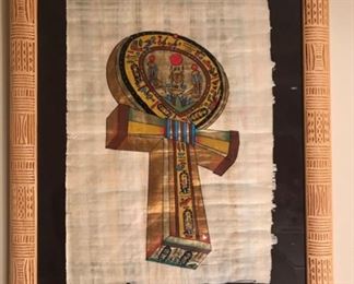 SOLD! - $150 - Wall Art - Egyptian Hand-Made Framed “Ankh” (Key of Life) Papyrus Painting.  The Egyptian Ankh is a Symbol of Eternal Life, Balance & Positivity. Includes wall hanger on back and is in like new condition - 14.25” x 18.25”