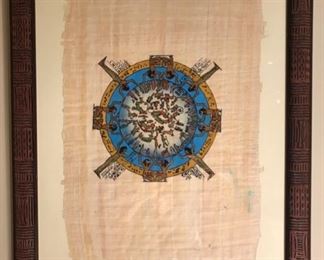 SOLD! - $150 - Wall Art - Egyptian Hand-Made Framed “Dendera Zodiac” Papyrus Painting.  This painting is based on a scene from the ceiling of the Temple of Dendera. Around the circle is each symbol of the Zodiac.  Includes wall hanger on back and is in like new condition - 14.25” x 18.25”