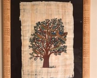 SOLD! - $150 - Wall Art - Egyptian Hand-Made Framed “Tree of Life” Papyrus Painting.  In the Tree Of Life, the birds represent the various stages of human life:  Infancy, childhood, youth, adulthood and maturity.  Includes wall hanger on back and is in like new condition - 14.25” x 18.25”