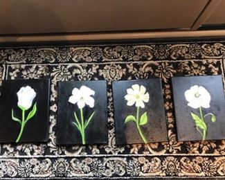 $50 - This is a simple but beautiful set of four oil paintings, feature a black background and beautiful white flowers. 