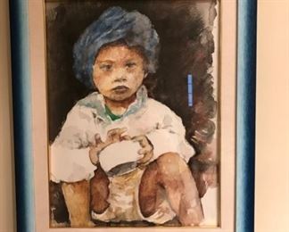 $250 - Wall Art - Little Boy with Blue Turban Watercolor art in Ombre Blue Frame.  One of a kind, unique painting —19.5” x 24”