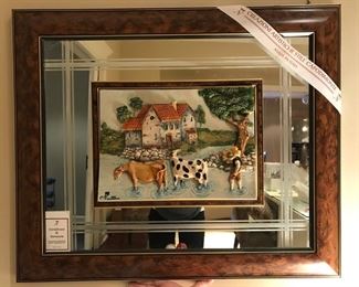 $150 - Vintage Creazioni Artistiche .925 Silver Overlay 3-D Mirror Art, featuring an Animal Farm scene in Italian Capodimonte — 24” x 28”