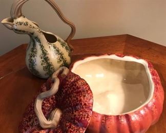 $250 - Unique Orange Pumpkin Tureen Soup Bowl with Lid and Gourd Squash Pitcher Set - functional and decorative for fall holidays. 