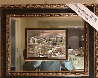 $150 - Vintage Creazioni Artistiche .925 Silver Overlay 3-D Silver Mirror Art, featuring a Fishing Port scene in sterling silver.  Made in Italy - 15.5” x 19.5”