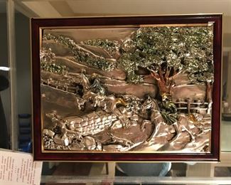$150 - Vintage Creazioni Artistiche .925 Silver Overlay 3-D Silver Mirror Art, featuring a Horseback Riding scene in sterling silver.  Made in Italy—  20” x 22”