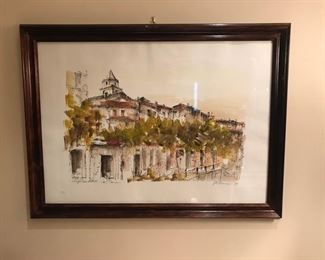 $100 - Wall Art - Autographed Watercolor Painting in a handmade frame: Italian Street with Greenery.  Limited Edition and signed by the local artist. Wall hanger is included — 23” x 31”