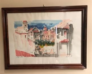 $100 - Wall Art - Autographed Italian Watercolor: Italian Street with Pink Hue and Blue Sky. Limited Edition and signed by the local artist. Wall hanger is included — 23” x 31”