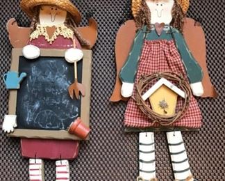 $35 - 2 Handmade, Decorative, Rustic, Wood, Wall Hanging, Country Girl Dolls. One of the Dolls has a small chalkboard