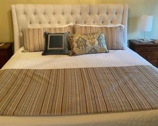 $450 Bedding Set - Custom 5 piece bedding set, including 2 king size striped pillows, rectangular tasseled pillow, square teal velvet pillow with gold trim and striped bed runner (Bed Not Included)